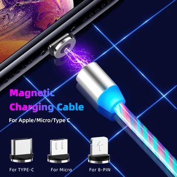 1M/2M Magnētisko USB Kabeli Plūsmu Gaismas Apgaismojums C Tips Micro USB Kabelis iPhone, Samsung, Huawei Mobilo Telefonu Uzlādes indikators Kable