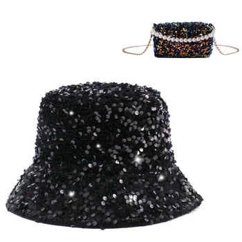 2-gabals spaiņa cepuri soma sieviešu sequin modes zvejnieka cepure elegantu klasisko luksusa somas baseina cepuri āra ceļojumu saulessargs cepure