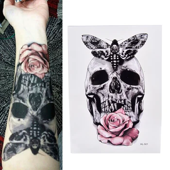 2019 JAUNU Galvaskauss Ar Kožu Un Ziedu Cool Skaistums Tetovējums Ūdensizturīgs Karstā Pagaidu Tetovējumu Uzlīmes, 21 X 15 CM
