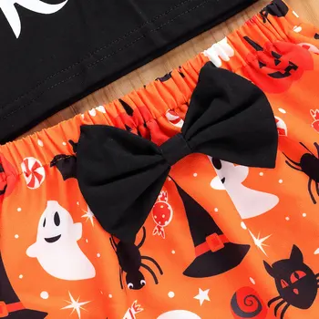 2gab mazas Meitenes Halloween Apģērbs Rudens Salds Stils Apaļu Apkakli, garām Piedurknēm Vēstuli Top + Ķirbju Kaķis Bat Svārki Komplekts