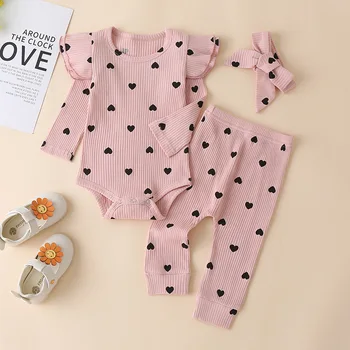 3Pcs Baby Girl Apģērbs Uzstādīt Jaundzimušais Zīdainis Meiteņu Drēbes Savirmot Sirds Drukāt garām Piedurknēm Romper Bodysuit +Bikses+Zīdaiņu Galvas stīpa