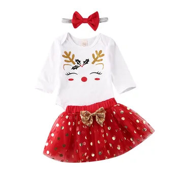 3Pcs Ziemassvētku Jaundzimušais Meiteņu Apģērbu Komplekti Karikatūra Izdrukāt Romper Mežģīņu Topi Tutu Svārki Galvu Cute Apģērbs