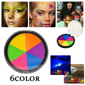 6 krāsu luminiscences sejas un ķermeņa mākslu, krāsu UV gaismas īpašu krāsu grims Halloween puse kosmētiku, skaistuma instrumentu komplekts ar birsti