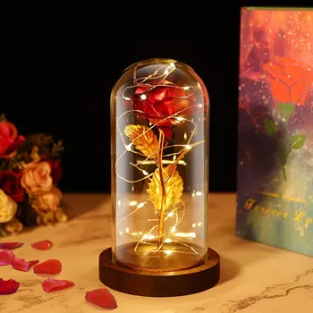 AGORA Mākslīgo rožu mūžīgo LED gaismas, apdare, dzimšanas dienas dāvanu, Valentīna, stikla kupola koka Pamatni