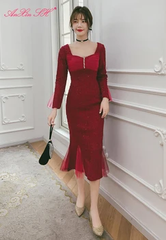 AnXin SH princese vīna sarkanā mīļotā izlīdzināšanu piedurknēm sirēna vakara kleita vintage puse mežģīnes taures mirdzoša vakara kleita