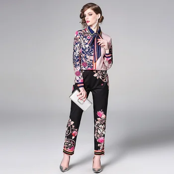 BLLOCUE augstas kvalitātes Modes Skrejceļa Uzvalku Komplekti 2020. Gada Rudens Sieviešu garām Piedurknēm Loku Ziedu Drukāt Blūzes un Elsas Divi Gabali Komplekts