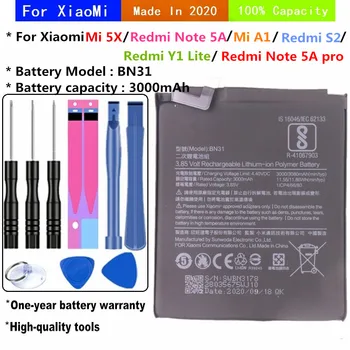 BN31 3000mAh Akumulators, Lai Xiaomi Mi 5X / Redmi, Ņemiet vērā, 5A / Redmi, Ņemiet vērā, 5.A pro / Mi A1 / Redmi Y1 Lite / Redmi S2 Phonen Akumulators