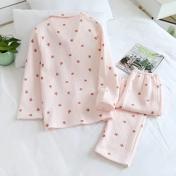 Garām piedurknēm, garās tīras kokvilnas gaisa kokvilnas silts dāmas pidžamas mājās pakalpojumu sleepwear Japānas jaunā stila rudens un ziemas