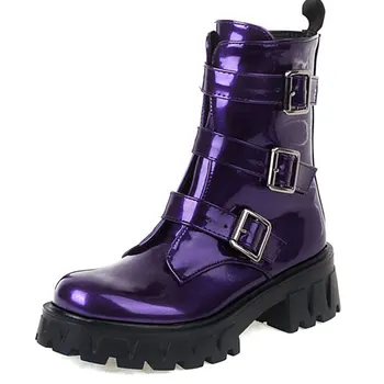 GIGIFOX Violeta Spīd Lakādas Chunky Papēži Āra Džungļu Boot Gotikas Stilā Melnā Foršs Street Fashion Ziemas Kurpes Zābaki