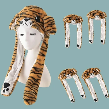 Gudrs Siltu Pūkainu Cepuri Tiger Formas Tērpa Cepuri Chily Ziemas Ausis, kas Pārvietojas Sasniegt Saspiežot Ķepas