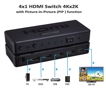 HDMI Slēdzis 4x1 HDMI Komutatoru PIP Pārveidotāja Adapteris Atbalsta 4Kx2K 30Hz ar Picture-In-Picture Funkcija Plastmasas USB Kabelis