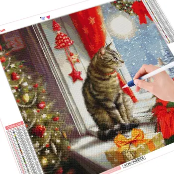 HUACAN 5D DIY Dimanta Glezna Ziemassvētku Kaķis Dimanta Mozaīkas Dzīvnieku Pilnu Kvadrātveida, Apaļas Izšūšanas Komplekts Logs Mājas Apdare