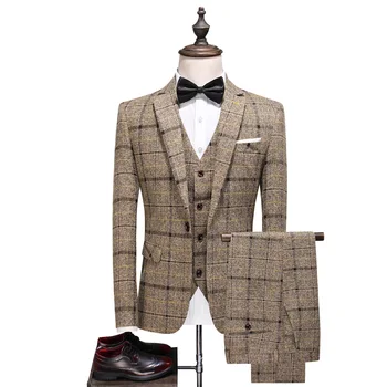 Ir 2021. Pavasara Jauna, Modes Džentlmenis Vīriešu Pleds Atpūtas Uzvalks Jaka Komplekti , Anglija Vienkārši Līgavainis 3-gabals Uzvalks+ Bikses+ Veste 5xl