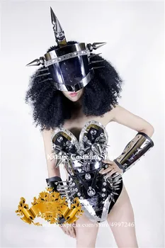 KS59 Balles deju dziedātāja skatuves nēsā bruņas tērpiem sudraba spoguli sievietes robots uzvalks kniežu kostīmi dj headpiece bārs nēsā parādīt