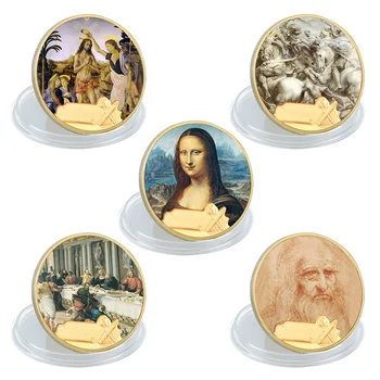 Leonardo Da Vinci Zelta Pārklājumu Monētu Kolekciju ar Turētāju Sākotnējā Mona Lisa Suvenīru Monētas Euro Medaļu Dāvanu Kolekcija