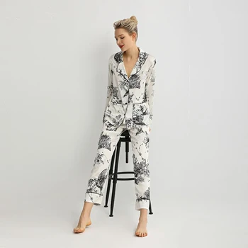 Pajama Komplekti ar garām Piedurknēm Savukārt Apkakle Sieviešu Iespiesti Elegants Sleepwear korejiešu Stilā Zaudēt Modes Vienkāršu Gadījuma Homewear