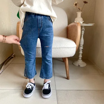Pavasara modes sadalīt džinsi baby meitenes elastīga visu maču gadījuma uzliesmoja džinsa bikses