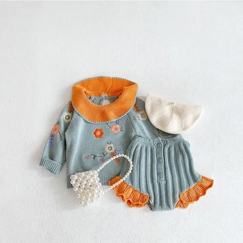 Pavasarī un Rudenī New Baby Girl Trikotāžas Uzvalku ar garām Piedurknēm Izšūti Savirmot Apkakles Topi+ Mežģīnes Trikotāžas Bikses 2-Gabals Modes Tērps
