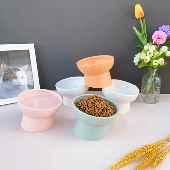 Pet bļoda keramikas kaķis bļodā suņa bļodā šaura mute augstas bļodā kaķis ir pārtikas bļoda aizsardzības mugurkaula plakana seja double bowl pet piegādēm