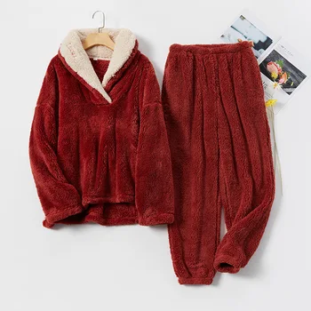 Pidžamas Loungewear Coral Fleece Divas Gabals Krekls&Bikses Ziemas Siltas Flaneļa Pidžamas Sieviešu Sleepwear Naktsveļu Zaudēt Homewear