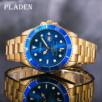 PLADEN Zelta Skatīties Vīrieši Luksusa Modes preču Zīmols, Nerūsējošā Tērauda Blue Dial Auto Kalendārs Kvarca Pulksteņu Grozāms Bezel II Timepieces