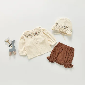 Rudens Jaundzimušo Meiteņu Kokvilnas Apģērba Komplekti Bērniem, Meitenēm, Izšūti Top+bikses+cepure 3pcs Uzvalku pavisam Jaunu Bērnu ar garām Piedurknēm Apģērbu Komplekts