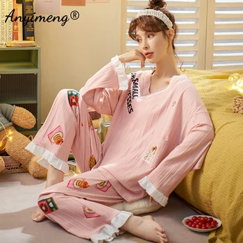 Rudens Ziemas Jauno korejas Kawaii Pidžamas Komplekts Sievietēm Kokvilnas Pidžamas ar garām Piedurknēm Liels Pijamas Modes Sleepwear Plus Izmērs 4xl 5xl