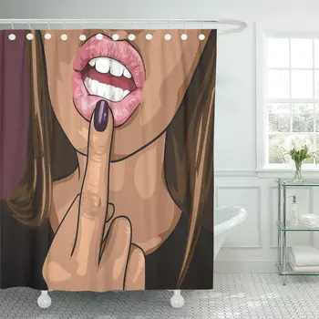 Sarkanā Sexy Jaunu Un Skaistu Sievieti, Parādīt Vidējo Pirkstu Dirst Pie Viņa Atvērtu Muti Sieviešu Lūpām Dušas Aizkari Ūdensizturīgs
