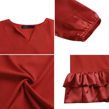 Sieviešu Elegants Puse Kleita ZANZEA Modes Cietā Ceļa Drēbes Ir 2021. Rudens Lielgabarīta V Kakla Vestidos Dāma Brīvdienu Satīna Savirmot Kleitas