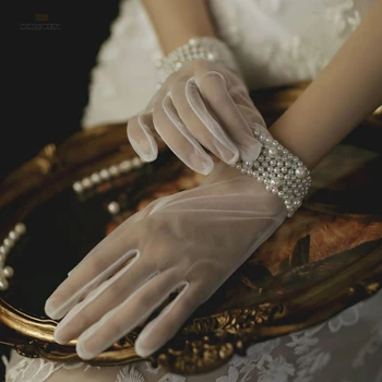 Sieviešu Kāzu Līgavas Īss Cimdi Neto Pilnu Pirkstu Redzēt Cauri Rokas Garums Kostīmu Balli Puses Cimdi Ar Pērlītēm