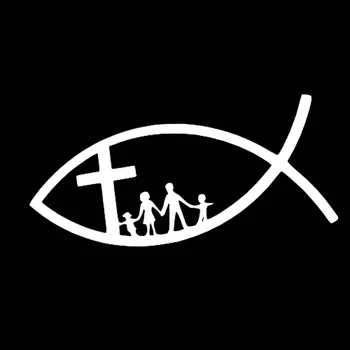 Smieklīgi Kristiešu Zivju Auto Uzlīme Jēzus Ģimenes Krusta Baznīcas Ūdensizturīgs Decal Klēpjdatoru, Kravas automašīnu, Auto Piederumi, PVC,14cm*6cm