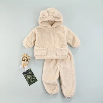 Toddler Bērniem, Baby Meitenes Zēni Ziemas Siltu Vilnas Pidžamas Komplekts ar garām Piedurknēm Lācis Kapuci Topi+Bikses 2gab Loungewear Tērpiem 1-6 Gadiem