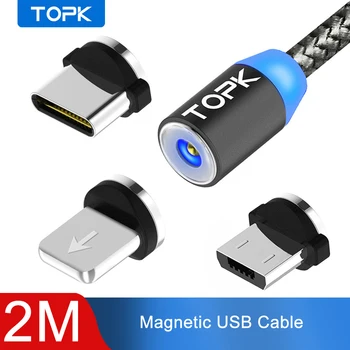 TOPK AM17 2M LED Magnētisko USB Kabelis priekš iPhone Xs Max Micro USB Type C Kabelis Samsung Pītā Tālrunis, Kabeļu Magnēts Uzlādes Vadu
