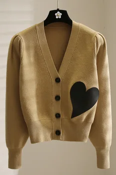V-veida kakla Trikotāžas Jaka Sieviešu Mētelis Ir 2021. Jauno Rudens Modes Brīvs un Novājēšanu Mīlestība Plāksteris Elegants Ilgtermiņa piedurknēm Džemperis Sievietēm