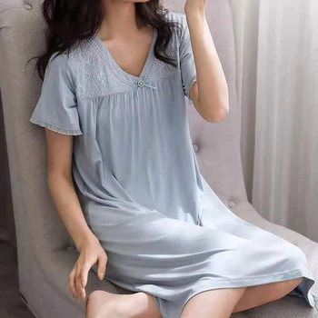 Vasaras Nightgowns Sieviešu Plus Izmērs M-5XL Mežģīnes Cietā Mājīgu Īsām Piedurknēm korejas Vienkāršs, Elegants Piedāvājums Sleepwear Nightdress Gadījuma