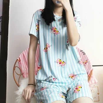 Vasaras Sieviešu Pidžamas Komplekts Korejiešu Jaunā Īsām Piedurknēm Atpūtas Sleepwear Zaudēt Cute Karikatūra Drukāšanas O-Veida Kakla Naktsveļu Homewear Uzvalks