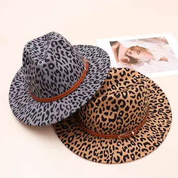 Vintage Vilnas Leopards Drukāt Platām Malām ar Jostas Sprādzi Vilnas Fedora Ziemas Cepure Panama Cepure