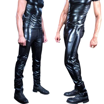 Vīrieši Sexy Black Wetlook Mākslīgās Ādas Apakšveļas pole dance Eksotisko Bikses PU Lateksa Catsuit Rāvējslēdzēju PVC Posmā Clubwear geju fetišs Bikses