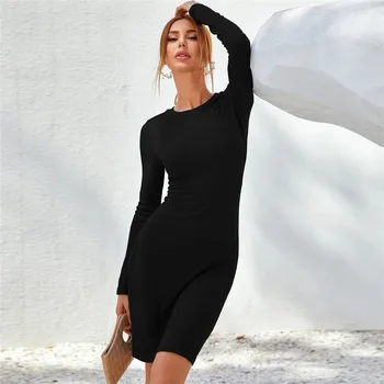 WJFZQM ir 2021. Modes Rudenī Melnā Puse Wrap Kleita Sievietēm Sexy Pamata Mini Kleitas Izdilis garām Piedurknēm Gadījuma Streetwear Sieviešu Kleita