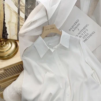 XEJ Šifona Sieviešu Blūze Baltā LongSleeve Topi Pavasara 2022 korejas Modes vienkrāsainu Kreklu Nišu Brīvs Krekls Sieviešu Plus Izmēru