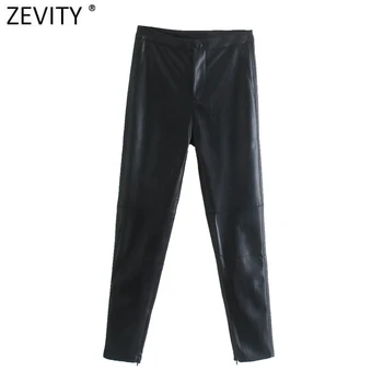 Zevity Sieviešu Modes Konfektes Krāsu Salikuma Mākslīgās Ādas Potītes Garums Zīmuli Bikses Sieviešu Rāvējslēdzēju, Bikses Pantalones Mujer P1277