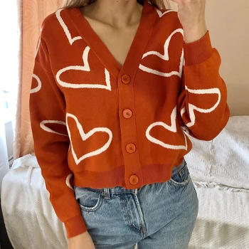 ZXQJ Sieviešu Apelsīnu Trikotāžas Jaka Ir 2021. Rudens Modes Dāmas Gadījuma Mīlestība Modelis ar garām Piedurknēm Džemperis Sieviešu V Kakla Džemperis
