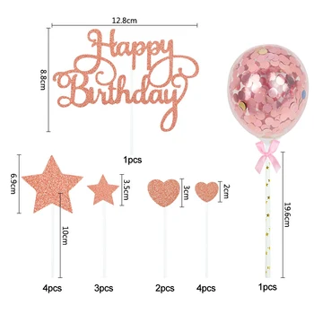 1Set Rose Gold Happy Birthday Cake Toppers, ar Baloniem, Konfeti Bērniem Dzimšanas dienas ballīti Apdare Baby Dušas Labu Kāzu Dekori