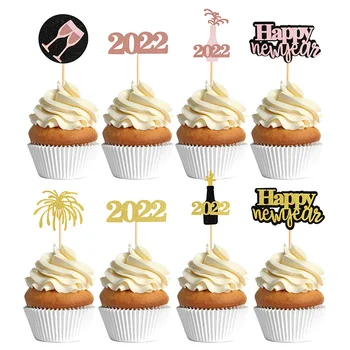 4gab Laimīgu Jauno Gadu Cupcake Kūka Topper Picks par New 2022. Gads Dzimšanas dienas Priekšvakarā Mājās Ziemassvētku Kūka Karoga Partijas Apdare
