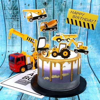 7pcs Būvniecības Tēmu Dzimšanas dienas Kūka Topper Cupcake Karogu Projektēšana Transportlīdzekļa Dzimšanas dienas svinības Rotājumi
