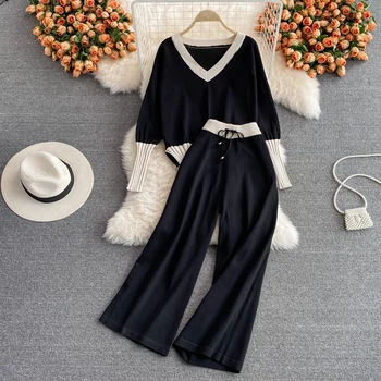 Amolapha Sieviešu Rudens Ziemas Zaudēt Gadījuma Trikotāžas Apģērbu Komplekti, V-Veida Kakla Raibs Džemperis Džemperis+Elastīga Vidukļa Bikses Tērpiem