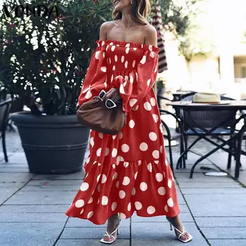 Atpūta Pie Pleca Kleita ir 2021. VONDA Sievietēm ar garām Piedurknēm Sexy Polka Dot Print Strapless Kleita Gadījuma Puse Vestidos Femme Drēbes