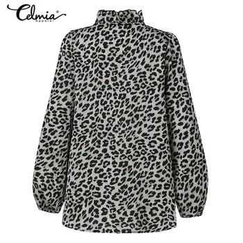Celmia Ir 2021. Vintage Leopards Drukāt, Tops Sievietēm, Elegantas Blūzes, Modes Garām Piedurknēm Ruffles Krekli Rudens Sexy V-Neck Biroja Blusas