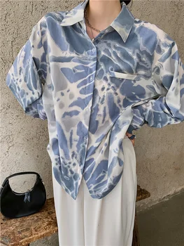 CHEERART Splash-Tintes Dizainers Krekls Sievietēm Modes Pelēki Zilā krāsā ar garām Piedurknēm Topi Un Blūzes Gredzenūbele Estētisko Krekls Apģērbi