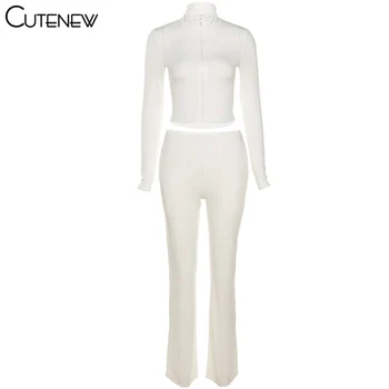 Cutenew Rudens Gadījuma Divas Gabals Komplekti, Sieviešu Apģērbs, Cietā Rāvējslēdzēju, garām Piedurknēm Top+Stretch Bikses Matching Tracksuit Streetwear